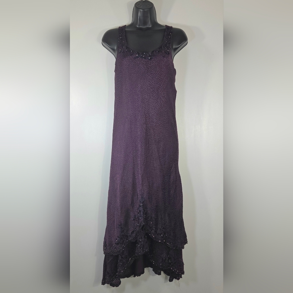 CAMERON BLAKE BY MON CHERI PURPLE BEADED SILK GOWN.